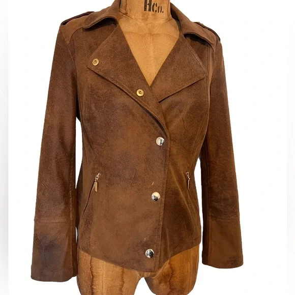 Chico's Brown Leather Jacket Asymmetrical Zip Notched Lapel - Picture 4 of 12